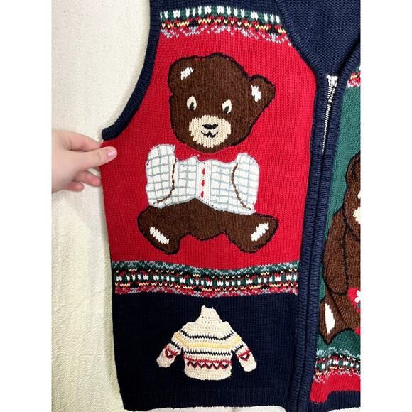 1990s Capacity Teddy Bears Christmas Patchwork Granny Kawaii Zip Sweater Vest L - Picture 3 of 6